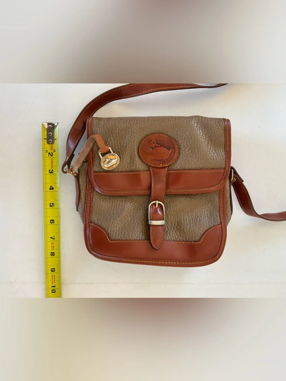 Vintage Dooney & Bourke Leather AWL Taupe & British Tan Crossbody Shoulder Bag
